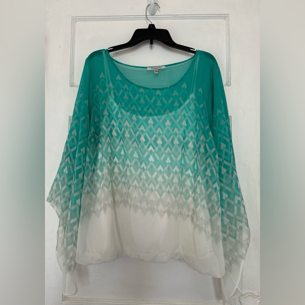 NWOT Quintessential Woman Teal/Green & White Sheer Blouse w/Built In Tank Top 3X